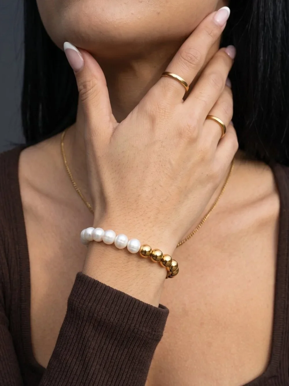 Freshwater Pearl Gold Bead Stretch Bracelet Stackable Old Money Boho Chic 6.3